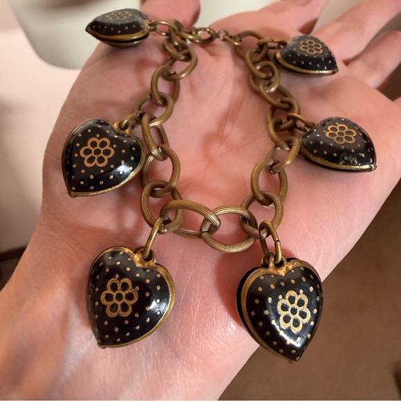 Antique Victorian revival art deco Brass Black enamel Heart Charm bracelet - Picture 5 of 17